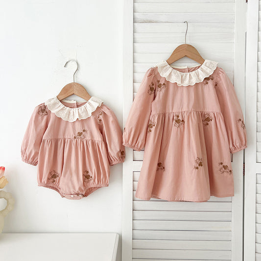 Spring Baby Girls Floral Embroidery Pattern Long-sleeved Onesies and Dress – Princess Sister Matching Set, MyKids-USA®, Baby & Toddler Outfits, MyKids-USA -  -  -  -  -  -  - 