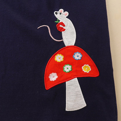 Girls’ Cartoon Pattern Embroidery Crew Neck Dress
