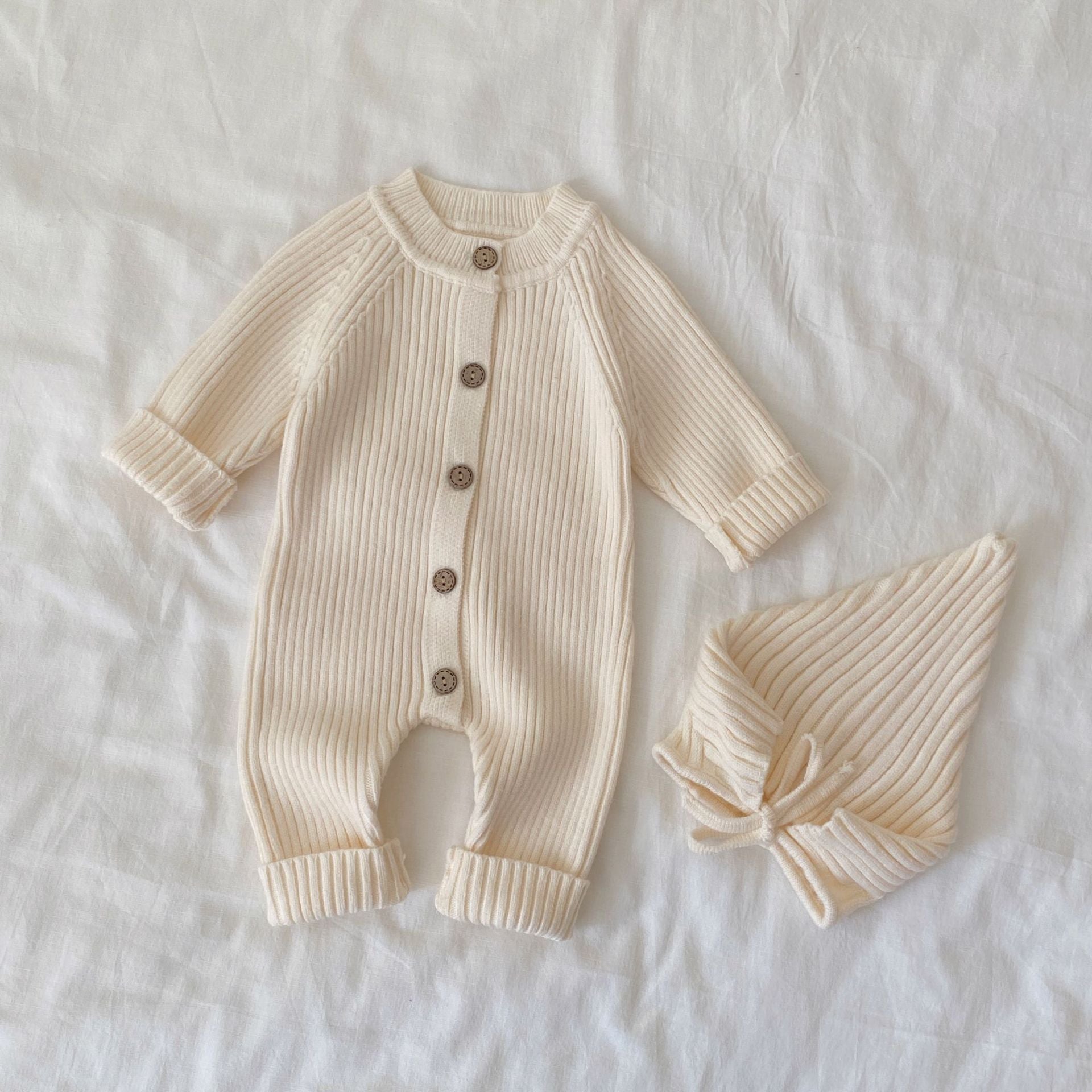 Autumn and Winter Arrival Baby Unisex Long Sleeves Solid Color Knitted Rompers with Hat, MyKids-USA®, Baby One-Pieces, MyKids-USA - Size/Age - 66 (3-6M) - Color - Beige -  -  - TR2512112243-A.