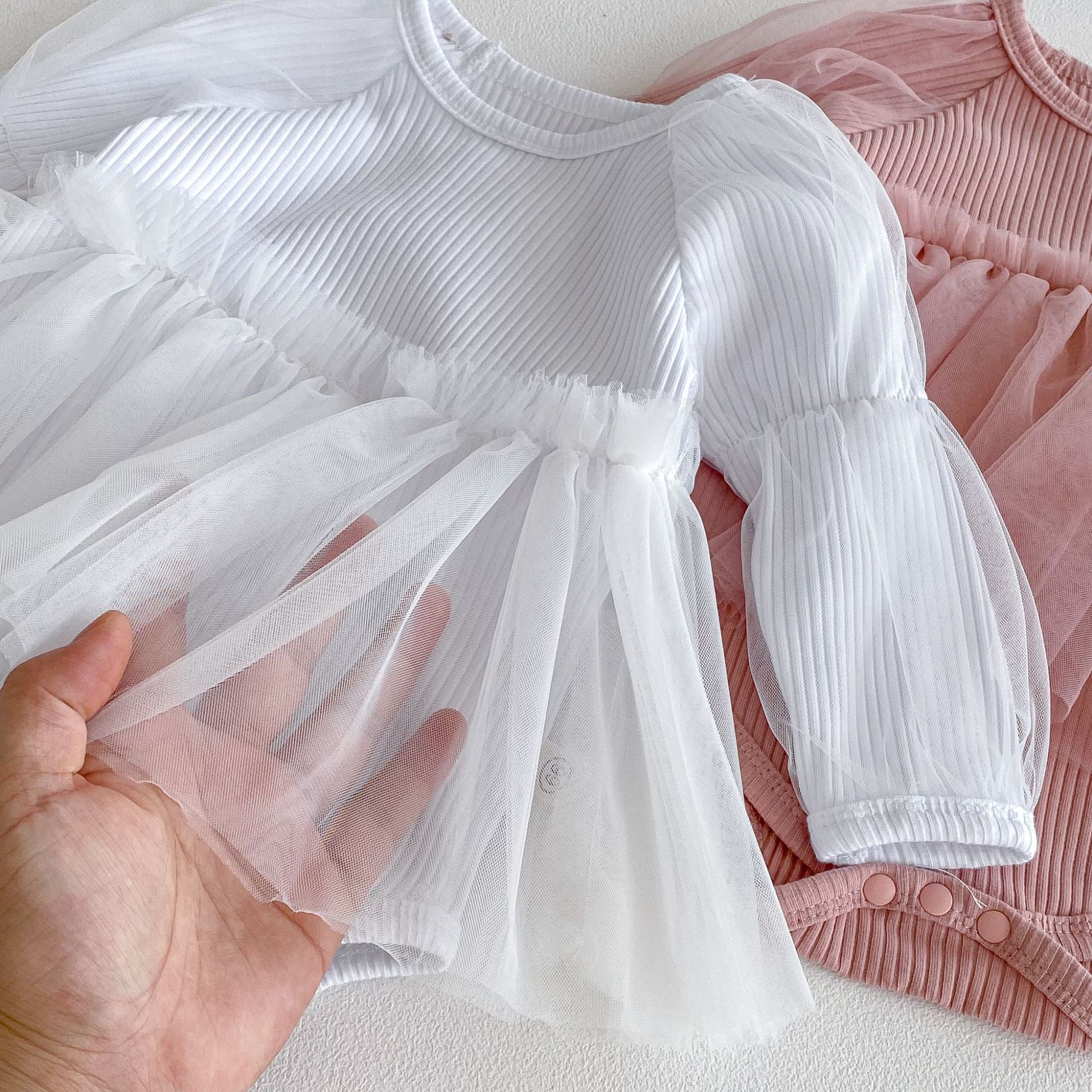 Autumn Arrival Baby Girls Long Sleeves Tulle Patchwork Solid Color Onesies, MyKids-USA®, Baby One-Pieces, MyKids-USA -  -  -  -  -  -  - 