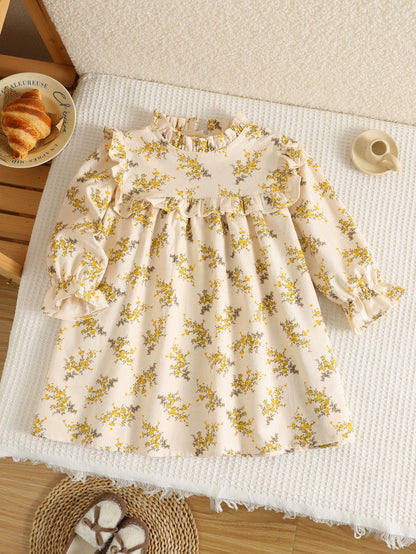 Autumn Arrival Baby Kids Girls Floral Pattern Long Sleeves Ruffle Neck Dress, MyKids-USA®, Baby & Toddler Dresses, MyKids-USA - Size/Age - 90 (12-24M) - Color - Apricot -  -  - TR2511172233-A