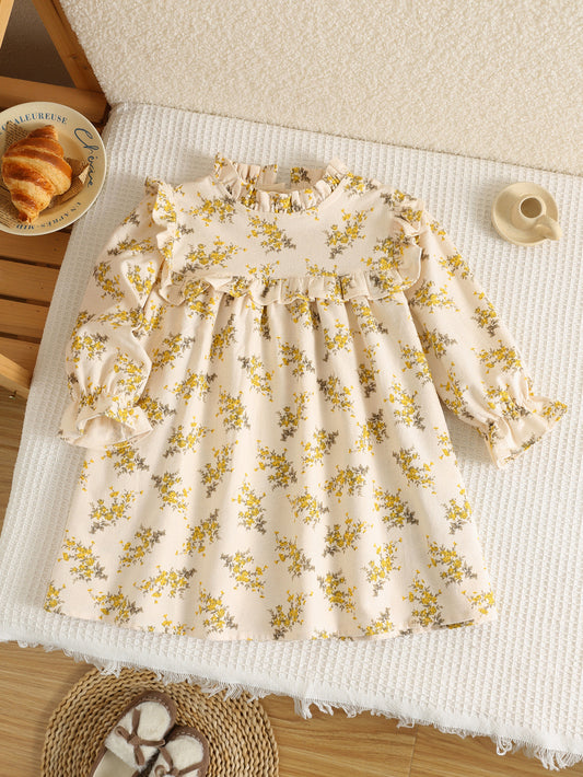 Autumn Arrival Baby Kids Girls Floral Pattern Long Sleeves Ruffle Neck Dress, MyKids-USA®, Baby & Toddler Dresses, MyKids-USA - Size/Age - 90 (12-24M) - Color - Apricot -  -  - TR2511172233-A