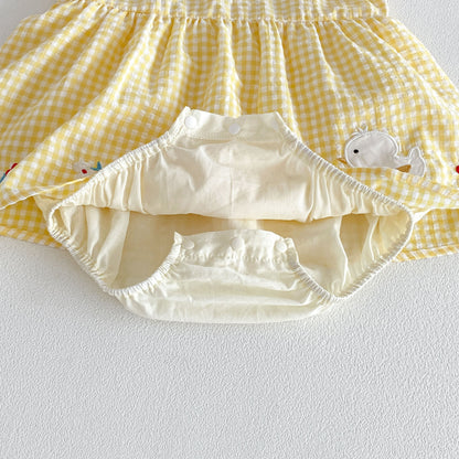 Design Summer Baby Kids Girls Fly Sleeves Plaid and Cartoon Pattern Bodysuit Dress