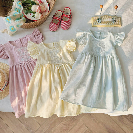 Summer New Arrival Kids Girls Fly Sleeves Floral Pattern Embroidery Princess Dress