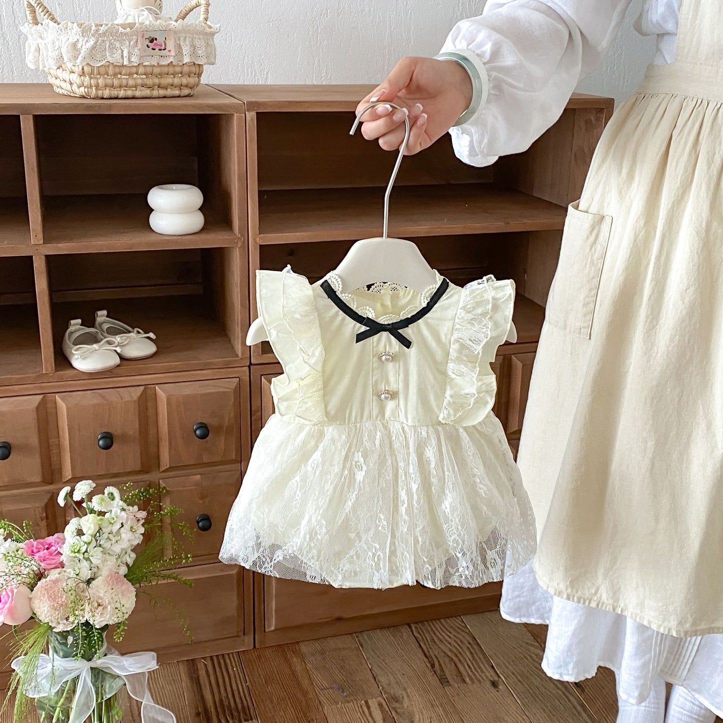 Summer Arrival Baby Girls Sleeveless Flowers Pattern Tulle Patchwork Bodysuit Dress