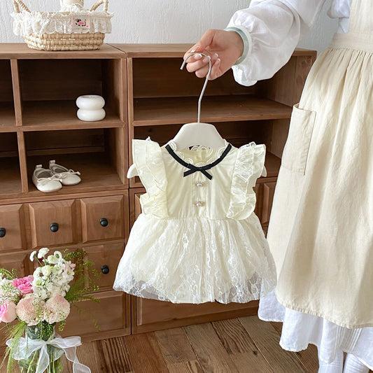 Summer Arrival Baby Girls Sleeveless Flowers Pattern Tulle Patchwork Bodysuit Dress