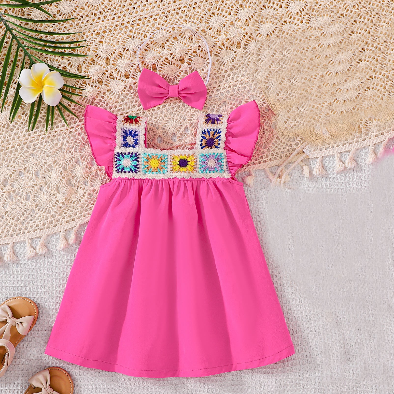 Summer Baby Kids Girls Fly Sleeves Jacquard Pattern Color Patchwork Dress, MyKids-USA®, Baby & Children's Dresses, MyKids-USA - Size/Age - 73 (6-9M) - Color - Red -  -  - TR2605242303-A.