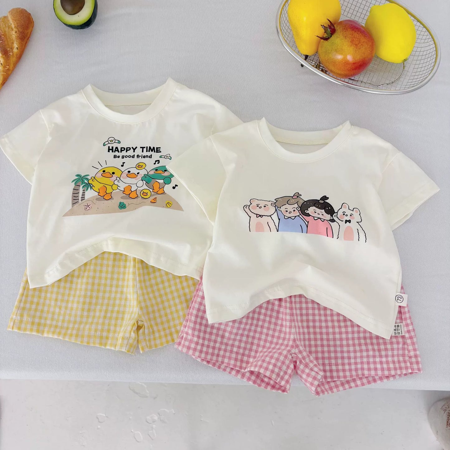 Summer Hot Selling Baby Kids Unisex Short Sleeves Cartoon Printed T-shirt and Plaid Shorts Clothing Set, MyKids-USA®, Baby & Toddler Outfits, MyKids-USA -  -  -  -  -  -  - 
