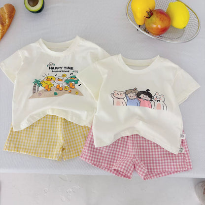 Summer Hot Selling Baby Kids Unisex Short Sleeves Cartoon Printed T-shirt and Plaid Shorts Clothing Set, MyKids-USA®, Baby & Toddler Outfits, MyKids-USA -  -  -  -  -  -  - 