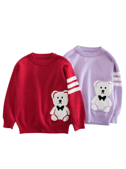 Baby Boys And Girls Kids Cute Teddy Bear Cartoon Long Striped Sleeve Knitwear Pullover