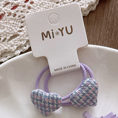 Collection of 2 Cute Plaid Heart Pattern Hair Ties and Hair Clips, MyKids-USA®, Ponytail Holders, MyKids-USA - Size/Age - Average Size (0-12Y） - Color - Purple -  -  - TR2604262229-E.