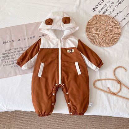 Winter Arrival Baby Unisex Long Sleeves Color Patchwork Fleece-Lined Hooded Rompers, MyKids-USA®, Baby One-Pieces, MyKids-USA - Size/Age - 66 (3-6M) - Color - Brown -  -  - TR2512062317-A.