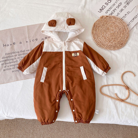 Winter Arrival Baby Unisex Long Sleeves Color Patchwork Fleece-Lined Hooded Rompers, MyKids-USA®, Baby One-Pieces, MyKids-USA - Size/Age - 66 (3-6M) - Color - Brown -  -  - TR2512062317-A.