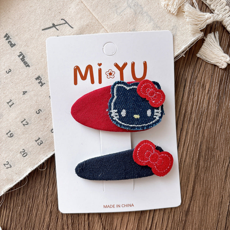 Collection of 2 Versatile Cute Kitty Embroidered Hair Clips, MyKids-USA®, Hair Pins, Claws & Clips, MyKids-USA - Size/Age - Average Size (0-12Y） - Color - Red -  -  - TR2603202138-D.