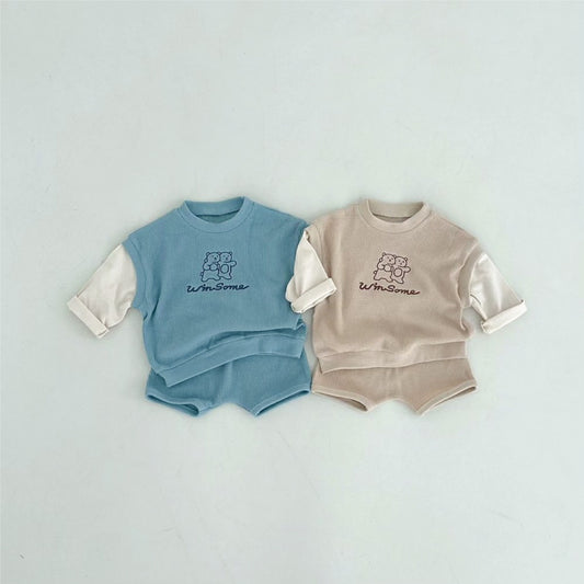 MyKids-USA® Spring and Autumn Baby Kids Unisex Long Sleeves Color Patchwork Pullover and Plain Shorts Clothing Set