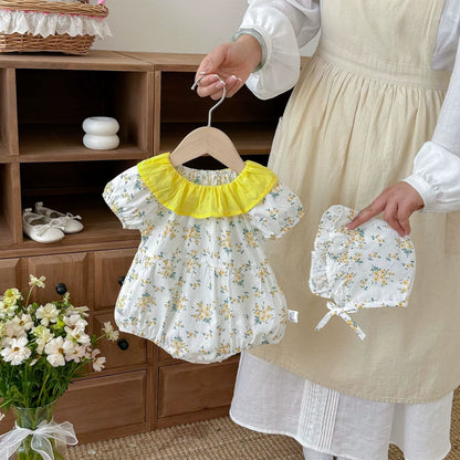 Summer Arrival Baby Girls Short Sleeves Flowers Pattern Bodysuit with Hat, MyKids-USA®, Bodysuits, MyKids-USA® - Size/Age - 66 (3-6M) - Color - Beige -  -  - TR2604242246-A.