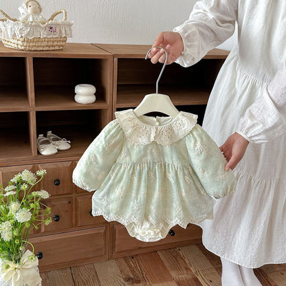 MyKids-USA® Autumn Arrival Baby Girls Long Sleeves Light Green Flowers Embroidered Bodysuit