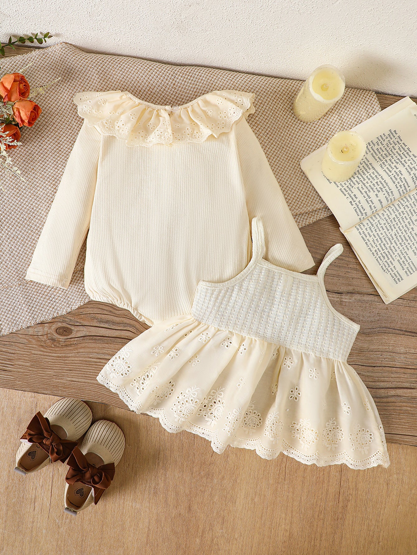Autumn Baby Kids Girls Long Sleeves Knitted Onesies and Hollow-out Sleeveless Dress Set