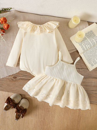Autumn Baby Kids Girls Long Sleeves Knitted Onesies and Hollow-out Sleeveless Dress Set