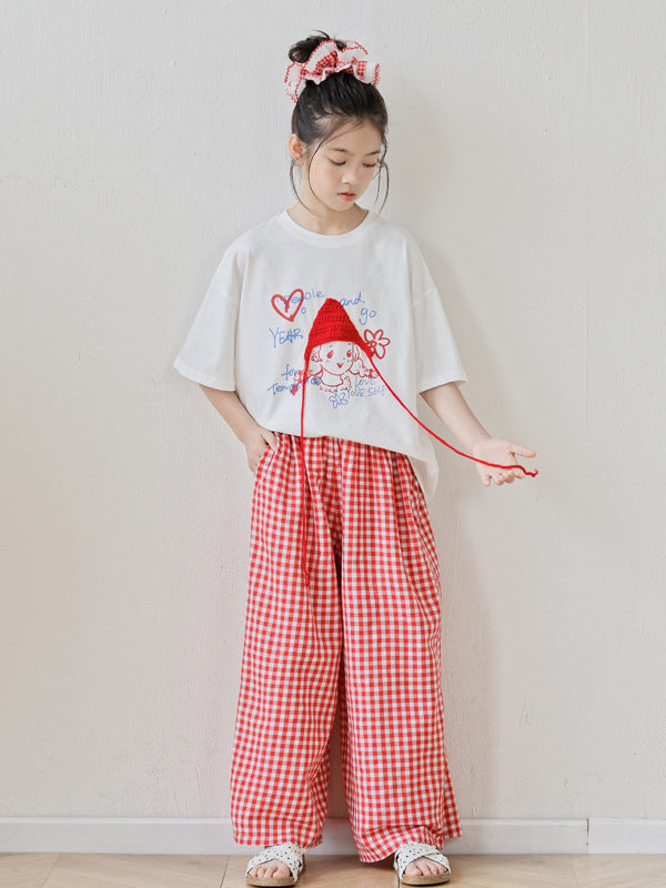 Arrival Summer Baby Kids Girls Short Sleeves Cartoon Pattern T-Shirt and Plaid Pants Sets