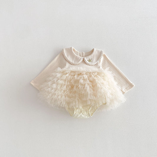 Spring Arrival Baby Girls Long Sleeves Tulle Decorated Patchwork Design Bodysuit Dress, MyKids-USA®, Bodysuits, MyKids-USA - Size/Age - 66 (3-6M) - Color - Apricot -  -  - TR2601232139-A.