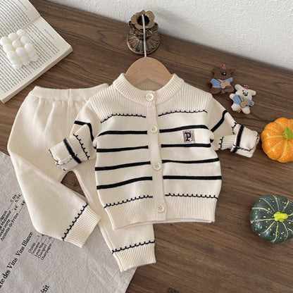 Winter and Autumn Baby Kids Unisex Striped Long Sleeves Cardigan and Pants Knitted Clothing Set, MyKids-USA®, Baby & Toddler Outfits, MyKids-USA - Size/Age - 66 (3-6M) - Color - Beige -  -  - TR2510222333-A