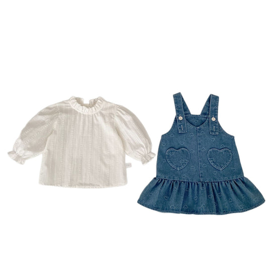 Spring Baby Kids Girls Long Sleeves Cute Striped Embroidered Pattern Top and Hearts Pattern Denim Sleeveless Dress Clothing Set, MyKids-USA®, Baby & Toddler Outfits, MyKids-USA -  -  -  -  -  -  - .