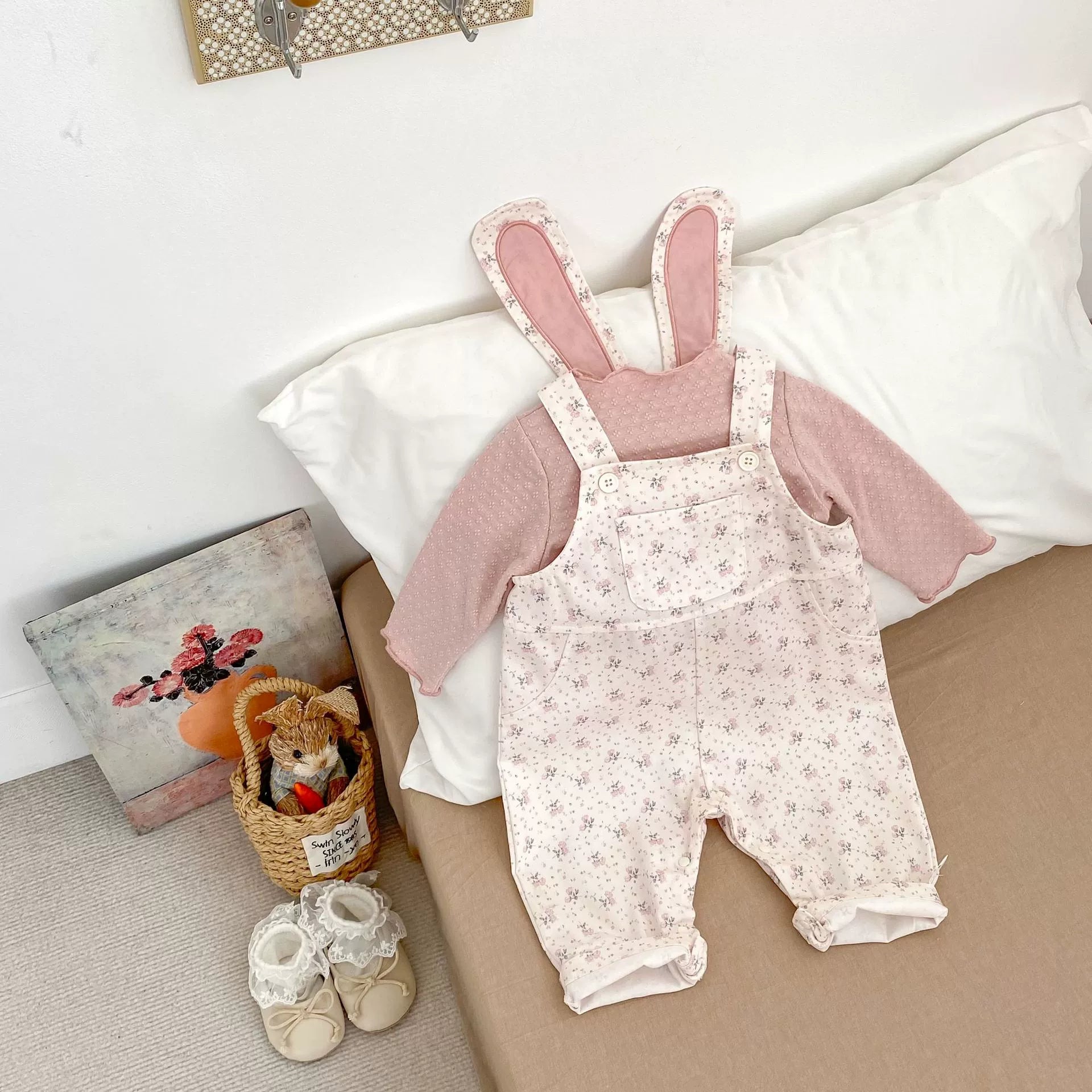 Spring and Autumn Kids Girls Jacquard Pattern Long Sleeves Pink Top and Floral Overalls Clothing Set, MyKids-USA®, Baby One-Pieces, MyKids-USA - Size/Age - 66 (3-6M) - Color - Pink -  -  - TR2508152138-A