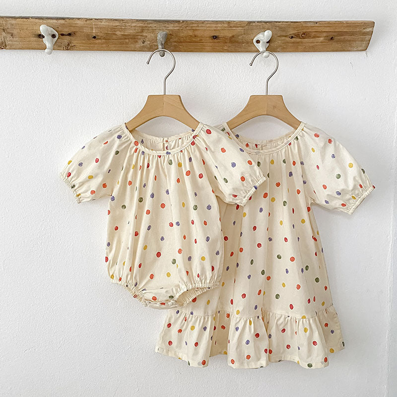 Summer Girls Coloful Dots Pattern Short Sleeves Onesies and Girls’ Dress – Princess Sister Matching Set, MyKids-USA®, Baby & Toddler Outfits, MyKids-USA -  -  -  -  -  -  - 