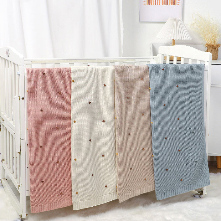Hot Selling Knitted Solid Color Baby Blanket With Hand-Embroidered Pom Poms: Spring/Summer Collection, MyKids-USA®, Blanket, MyKids-USA -  -  -  -  -  -  - 