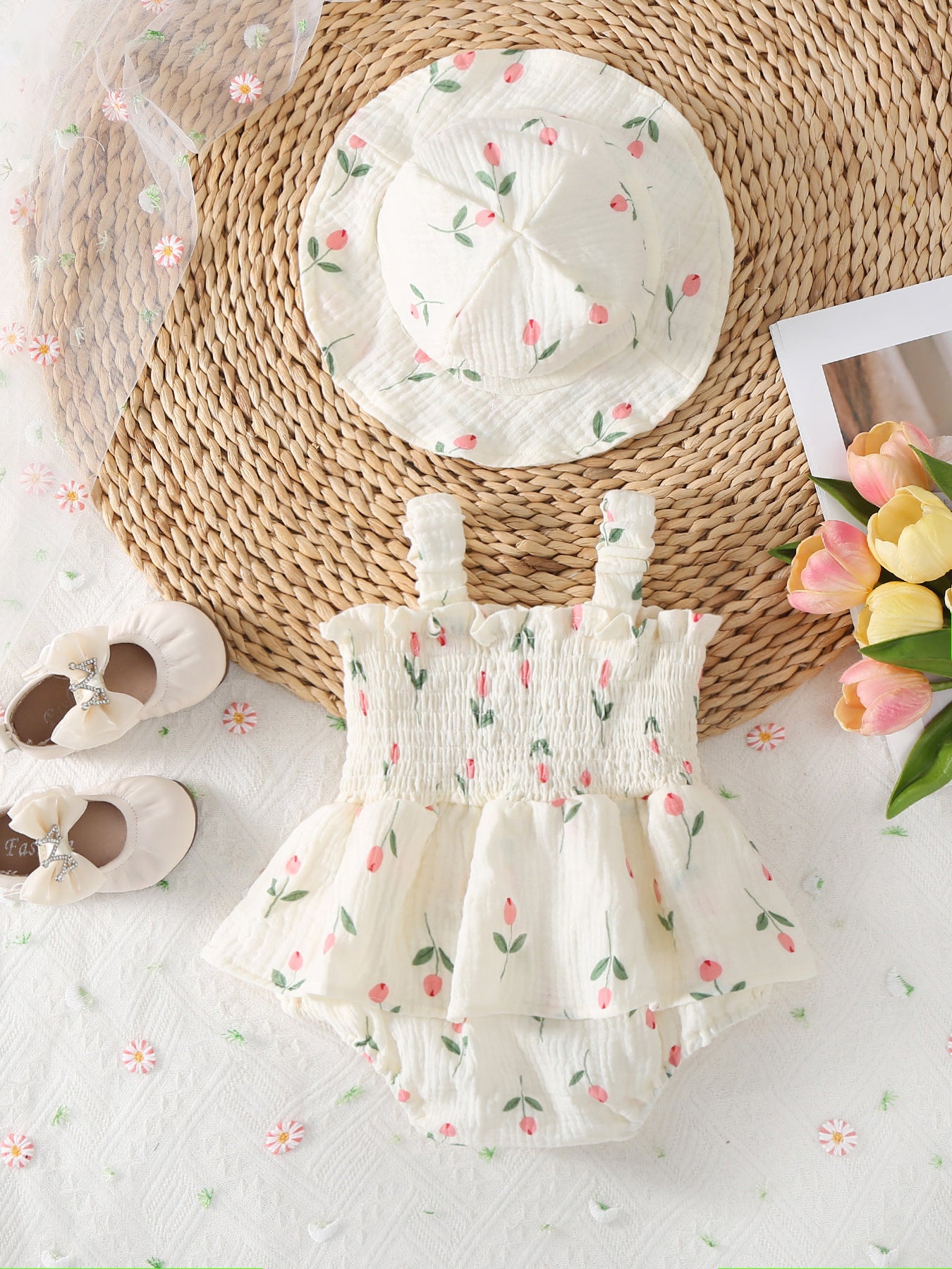 Design Summer Baby Kids Girls Sleeveless Flowers Pattern Bodysuit with Hat
