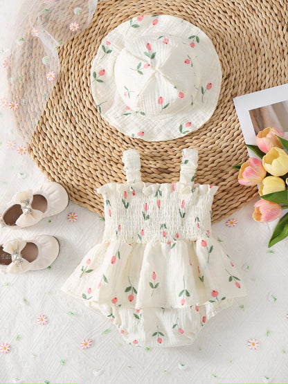 Design Summer Baby Kids Girls Sleeveless Flowers Pattern Bodysuit with Hat