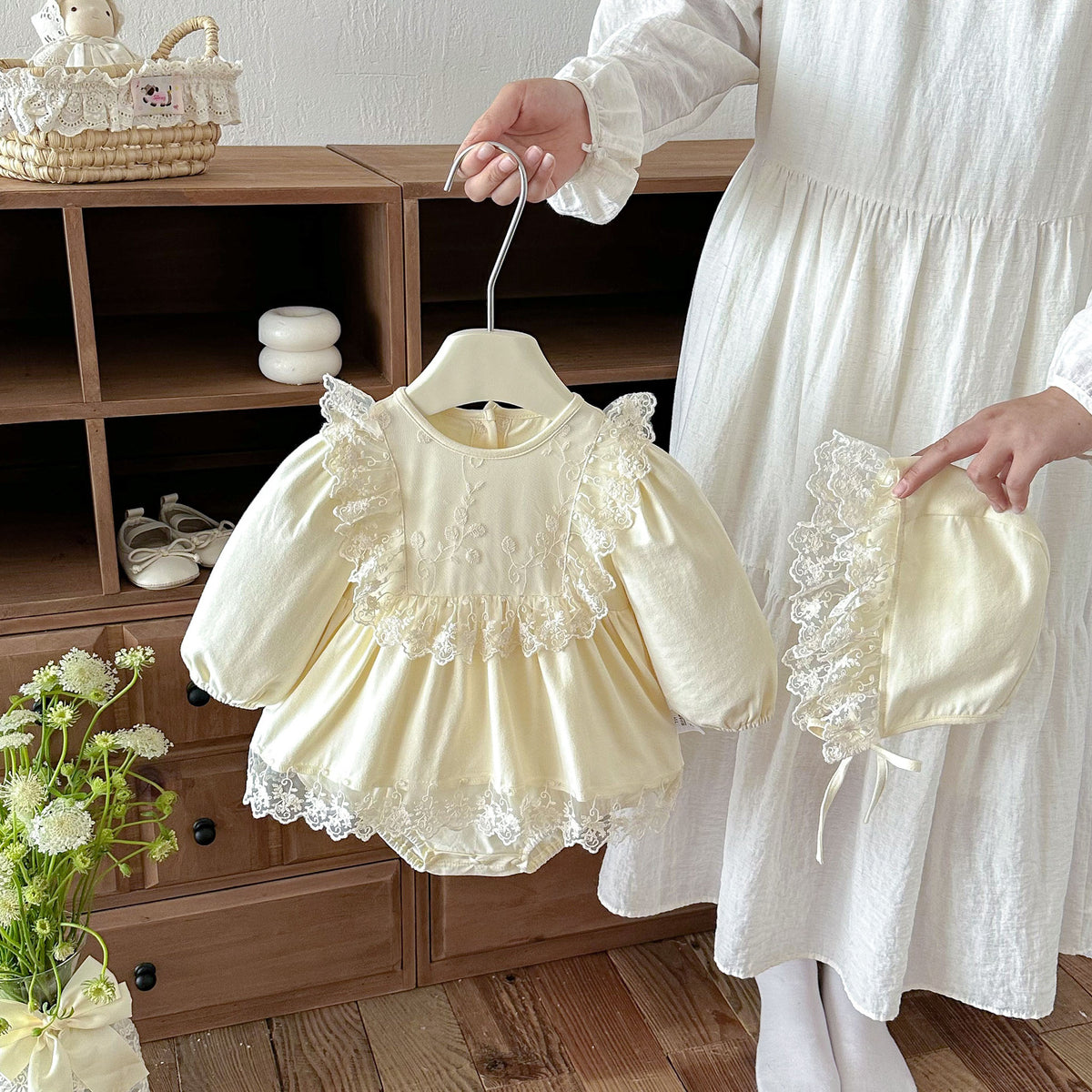 MyKids-USA® Baby Girls Long Sleeves Solid Color Lace Trim Bodysuit Dress