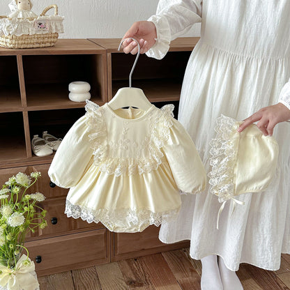 MyKids-USA® Baby Girls Long Sleeves Solid Color Lace Trim Bodysuit Dress
