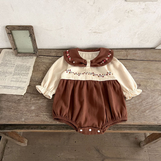 Arrival Baby Girls Vintage Floral Embroidery Color Patchwork Long Sleeves Onesie, MyKids-USA®, Baby One-Pieces, MyKids-USA - Size/Age - 66 (3-6M) - Color - Brown -  -  - TR2401071858-A