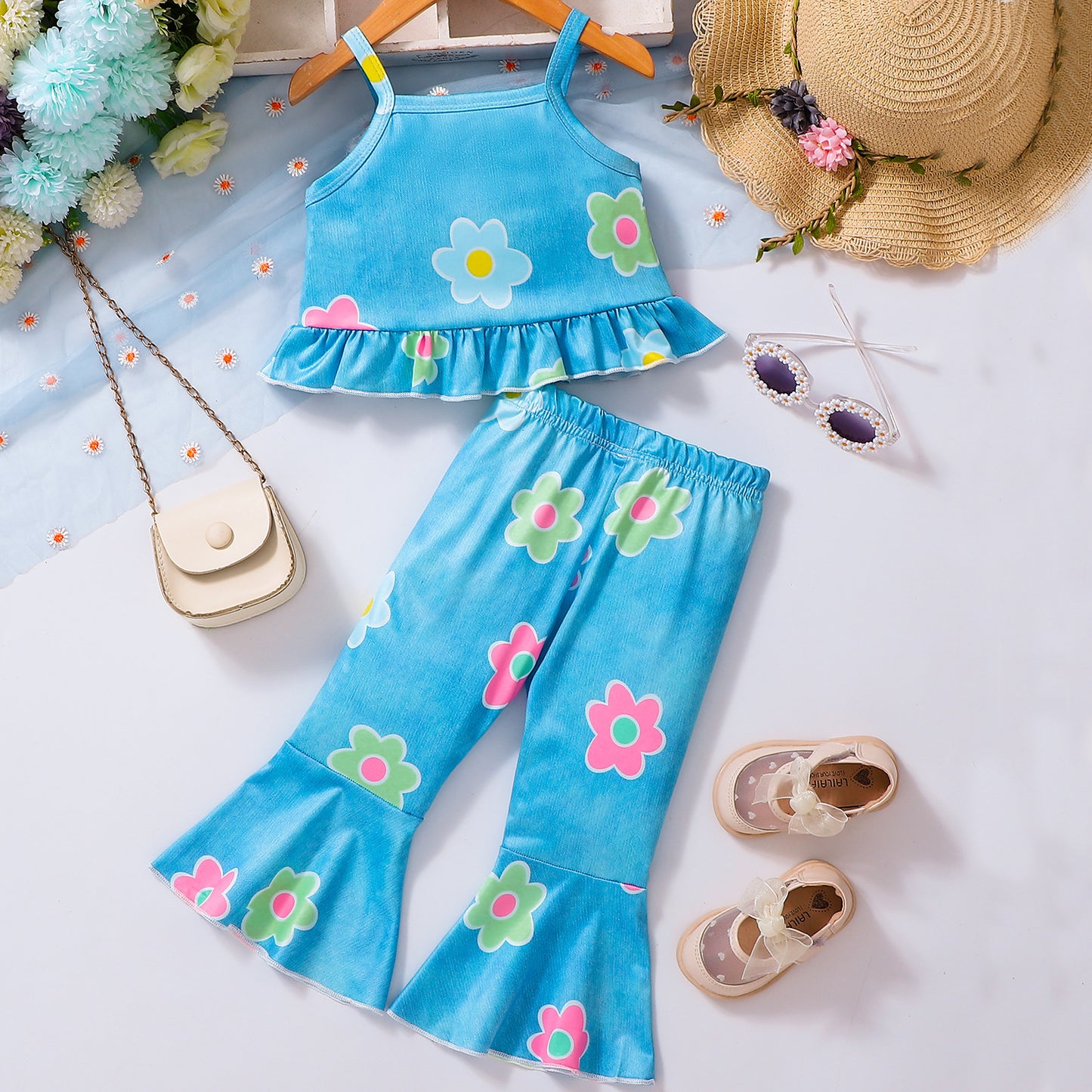 Summer Baby Kids Girls Sleeveless Flowers Pattern Vest and Pants Set