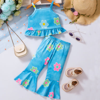 Summer Baby Kids Girls Sleeveless Flowers Pattern Vest and Pants Set