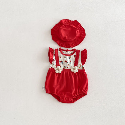 Summer Arrival Baby Girls Fly Sleeves Flowers Pattern Color Patchwork Bodysuit, MyKids-USA®, Bodysuits, MyKids-USA - Size/Age - 66 (3-6M) - Color - Red -  -  - TR2603202051-A.