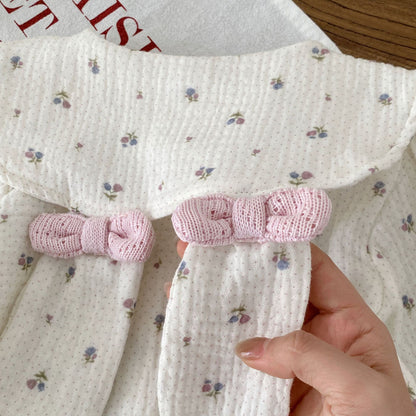 Spring and Autumn Baby Kids Girls Long Sleeves Floral Pattern Top and Pink Sleeveless Hollow-out Rompers Clothing Set