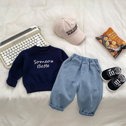 Autumn Baby Kids Boys Letters Embroidery Pattern Knitted Crew Neck Pullover and Denim Pants Clothing Set, MyKids-USA®, Baby & Toddler Outfits, MyKids-USA - Size/Age - 73 (6-9M) - Color - Navy Blue (Dark Blue) -  -  - TR2408222103-B