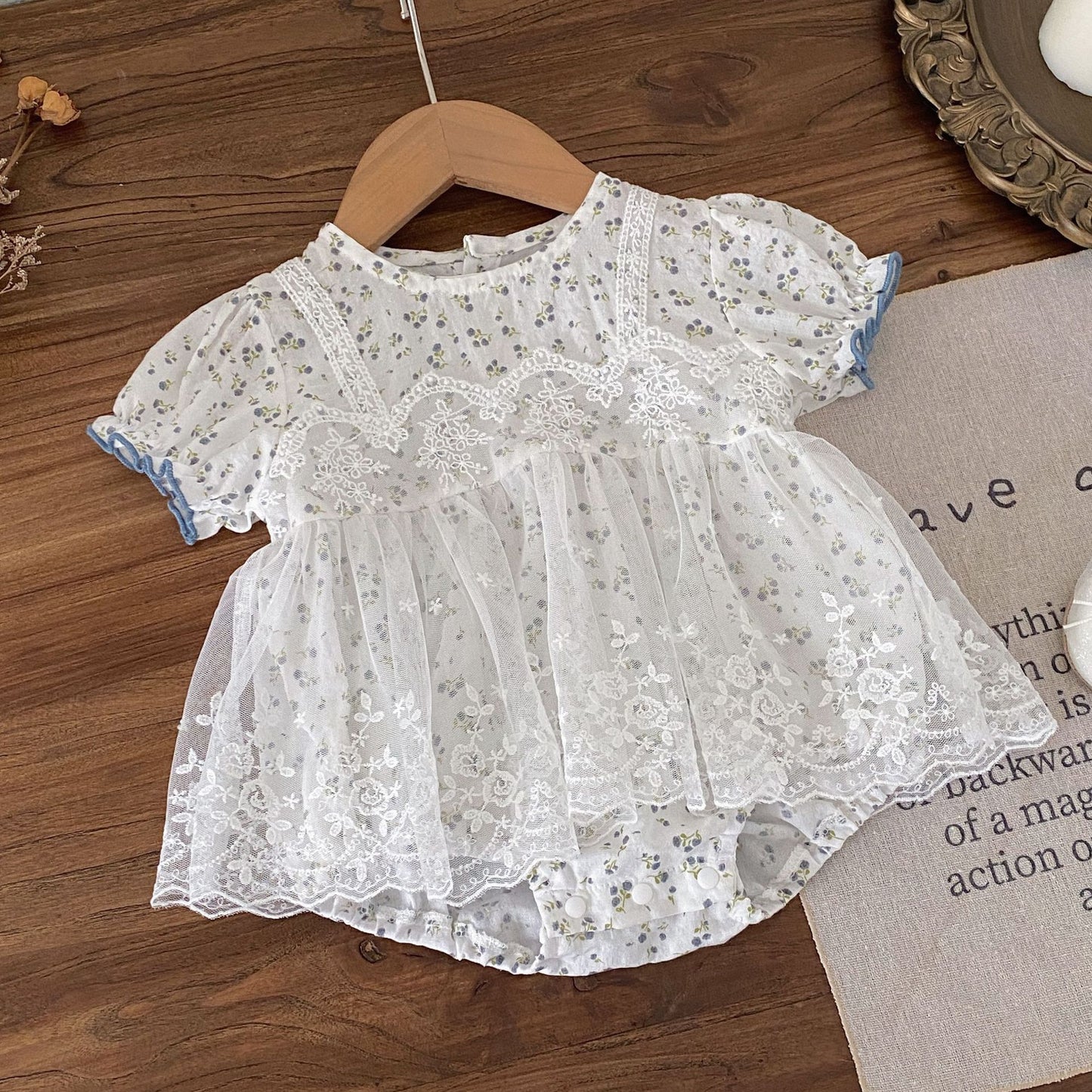 Summer Arrival Baby Girls Short Sleeves Floral Pattern Tulle Decorated Bodysuit, MyKids-USA®, Bodysuits, MyKids-USA - Size/Age - 66 (3-6M) - Color - Apricot -  -  - TR2603161137-A.