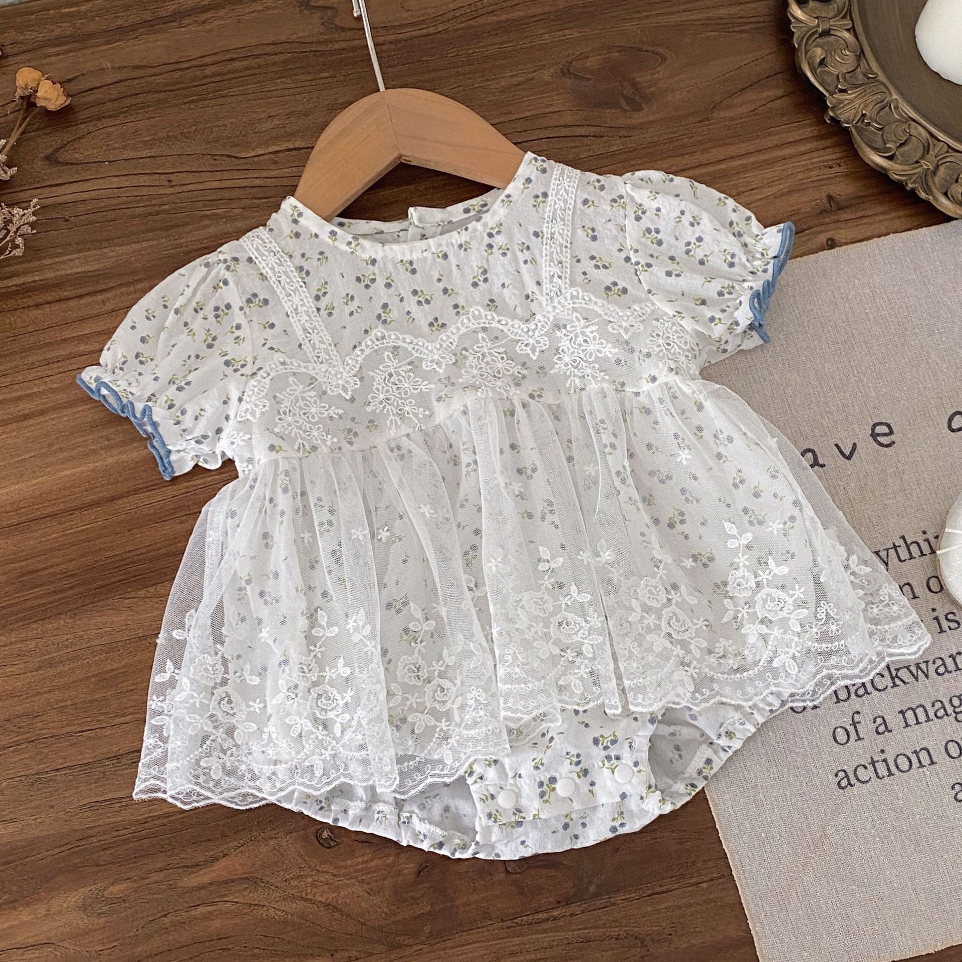 Summer Arrival Baby Girls Short Sleeves Floral Pattern Tulle Decorated Bodysuit, MyKids-USA®, Bodysuits, MyKids-USA - Size/Age - 66 (3-6M) - Color - Apricot -  -  - TR2603161137-A.