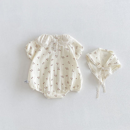 Design Summer Baby Kids Girls Short Sleeves Floral Pattern Bodysuit with Hat