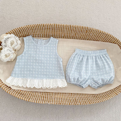 Arrival Summer Baby Kids Girls Sleeveless Plaid Pattern Top Vest and Shorts Clothing Set, MyKids-USA®, Baby & Children's Outfits, MyKids-USA - Size/Age - 73 (6-9M) - Color - Light Blue -  -  - TR2605192358-B.