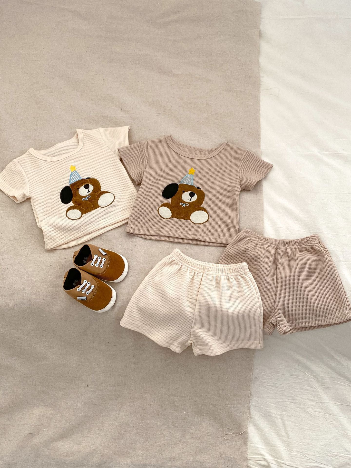 Baby Kids Boys Cute Teddy Pattern Short Sleeves Top And Solid Color Shorts Casual Clothing Set