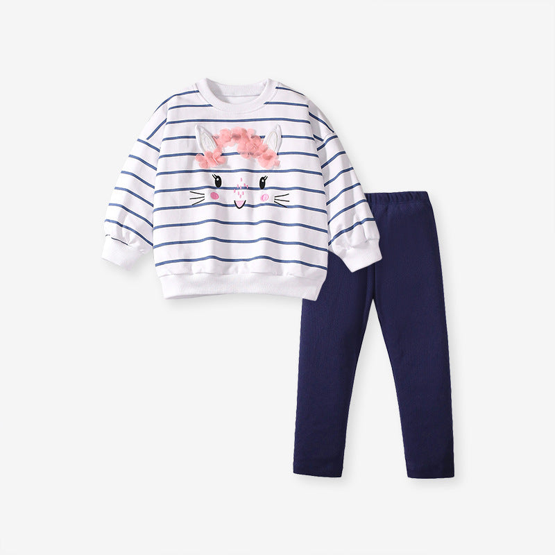 Spring And Autumn Girls Cartoon Rabbit And Striped Pattern Long Sleeves Crew Neck Top Sweatshirt And Pants Clothing Set, MyKids-USA®, Baby & Toddler Outfits, MyKids-USA -  -  -  -  -  -  - 