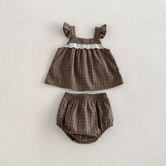 Summer Baby Kids Girls Sleeveless Plaid Vest and Bloomers Clothing Set, MyKids-USA®, Baby & Toddler Outfits, MyKids-USA - Size/Age - 66 (3-6M) - Color - Brown -  -  - TR2603262304-A.
