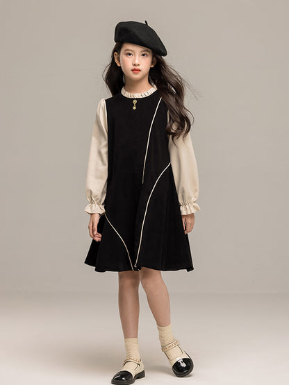 Autumn Arrival Long Sleeves Color Patchwork Dress for Stylish Girls
