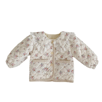 Baby Girl Floral Combo Laces Round Collars With Pockets Winter Coat
