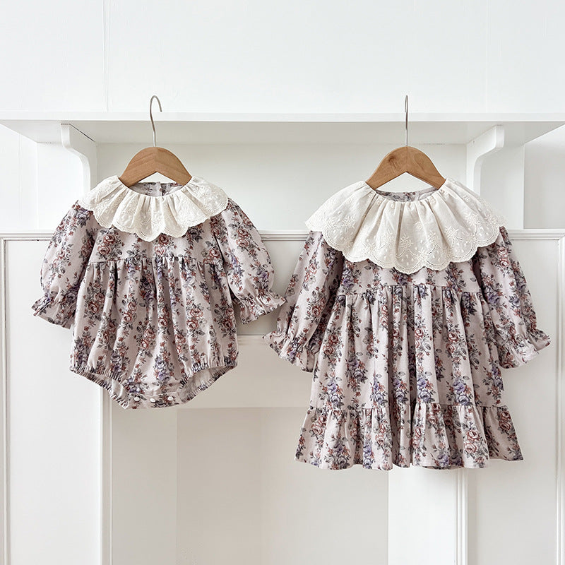 Spring Baby Girls French-style Floral Printed Long-sleeved Onesies and Dress – Princess Sister Matching Set, MyKids-USA®, Baby & Toddler Outfits, MyKids-USA -  -  -  -  -  -  - 